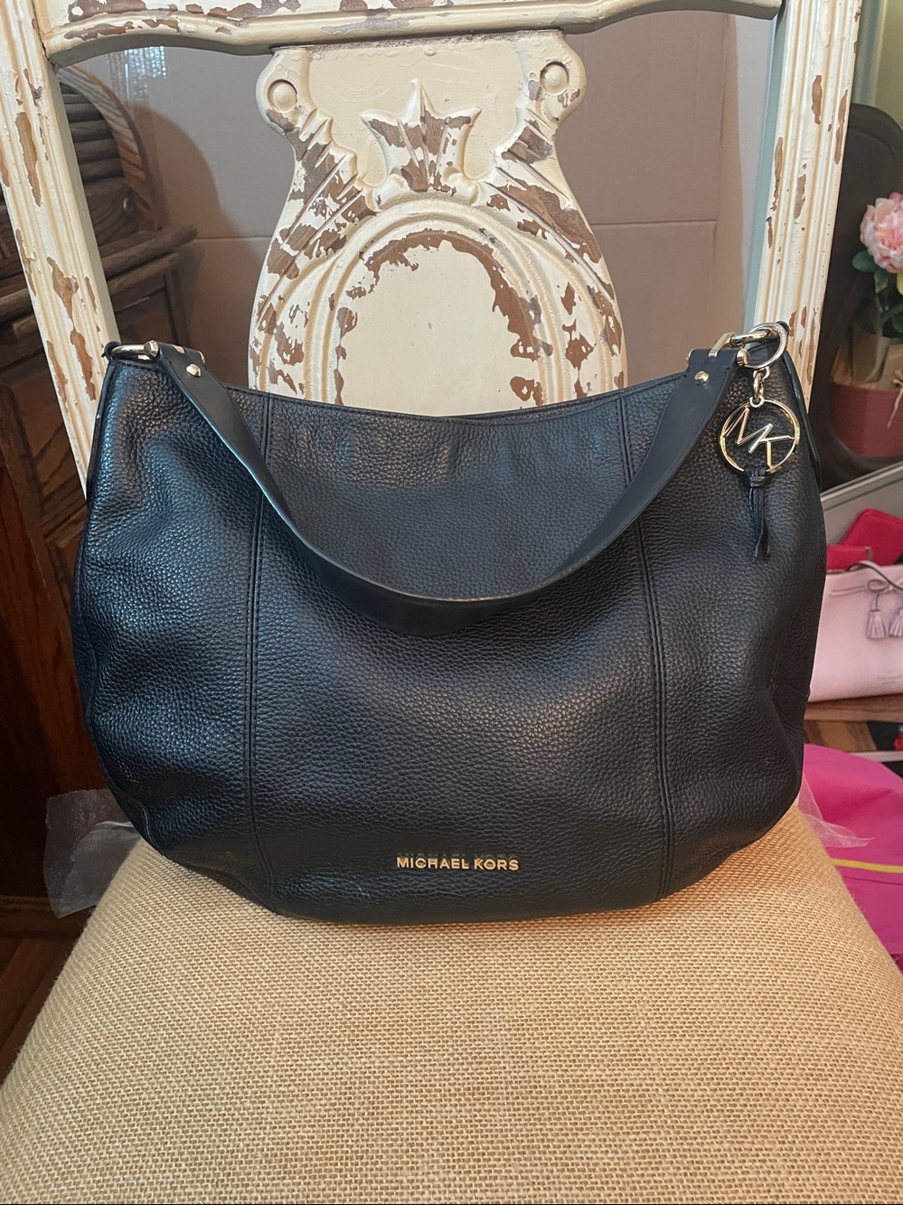 Michael Kors Black Pebbled Leather Shoulder Hobo with Gold Accents
